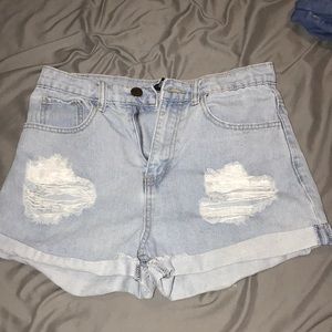 Light wash denim shorts distressed
